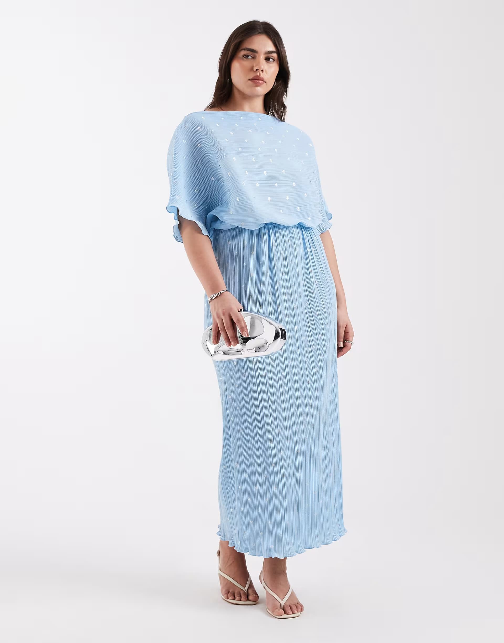 ASOS Never Fully Dressed Plus Tilly off shoulder plisse maxi dress in blue