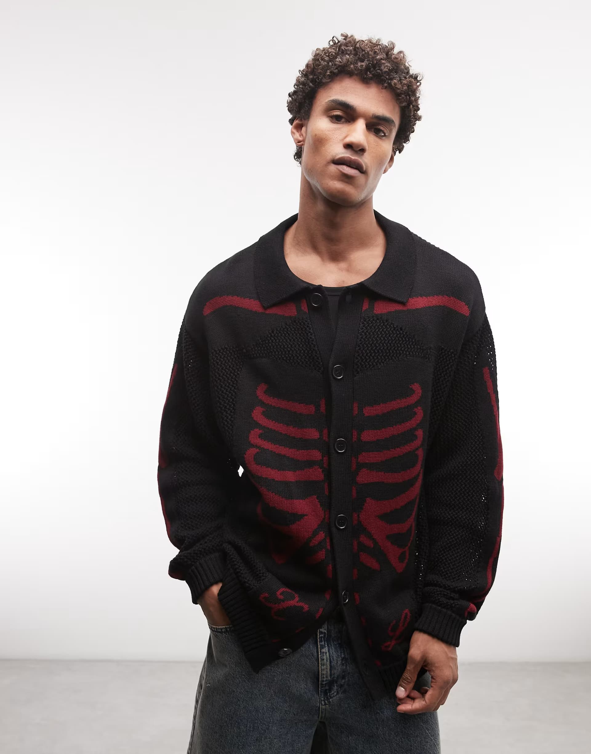 ASOS XLARGE scanner knitted button up cardigan in black with red