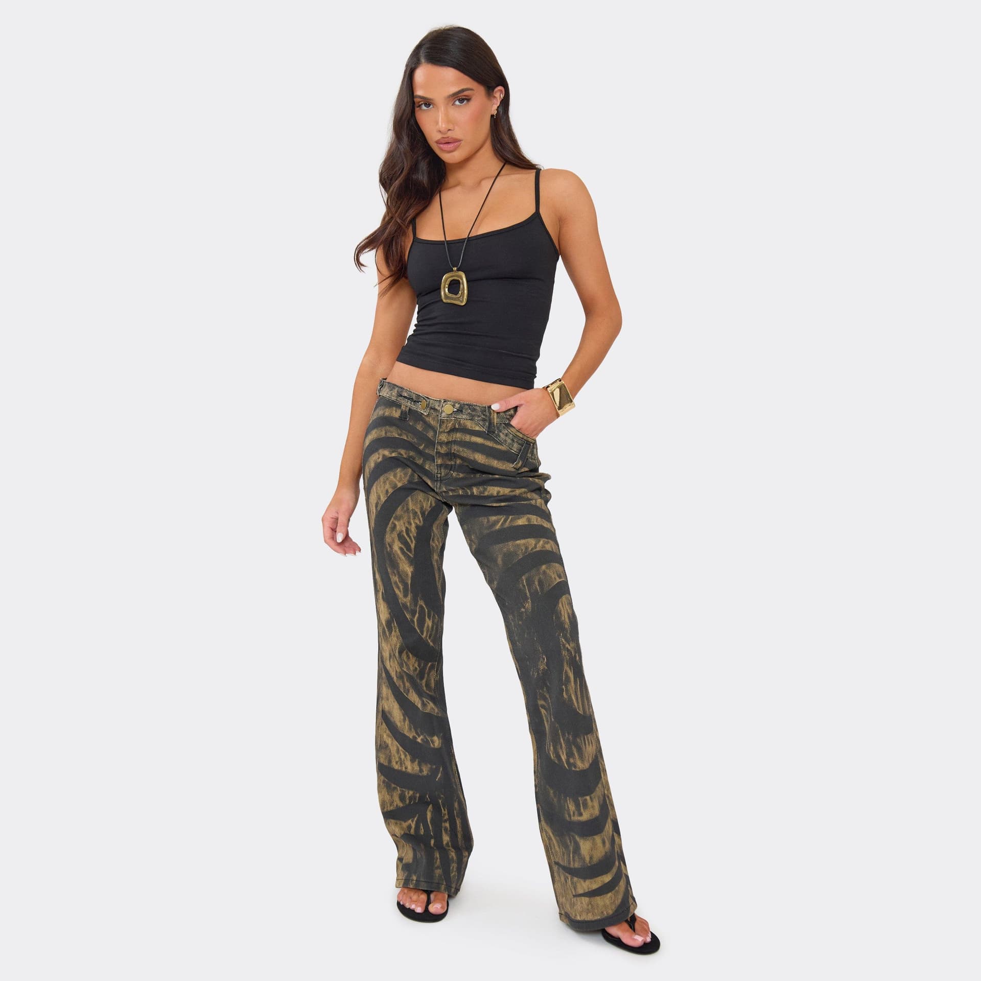 EGO Dipped Low Waist Flared Leg Trousers In Brown Spiral Print, Women's Size UK 6