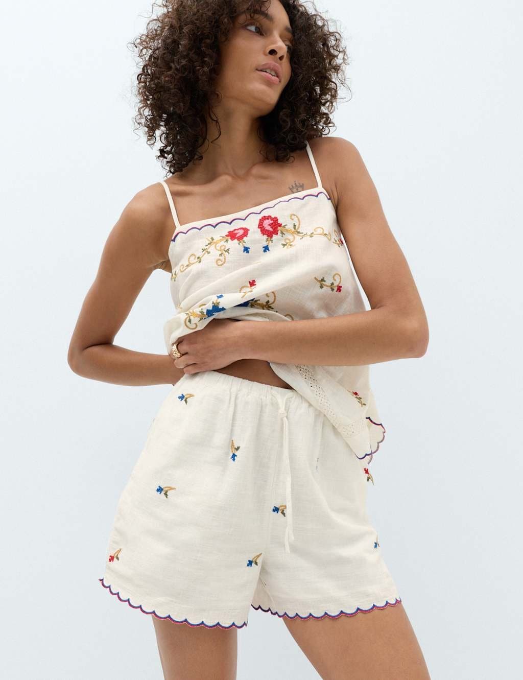 Marks & Spencer M&S Pure Cotton Embroidered Shorts White Mix