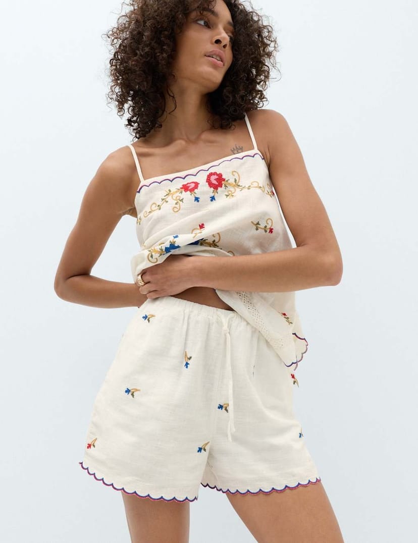Marks & Spencer M&S Pure Cotton Embroidered Shorts White Mix - 1