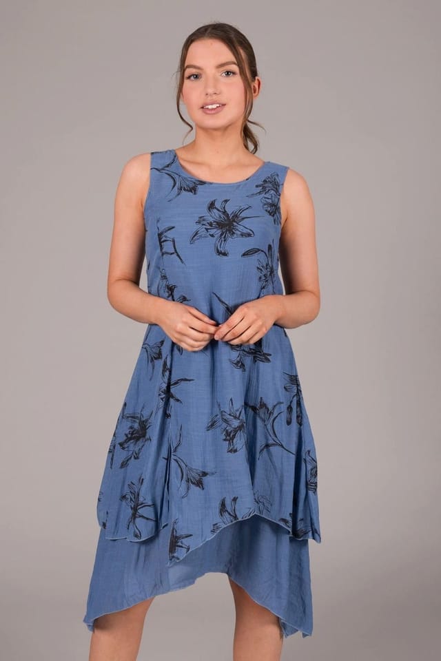 SOLO SOLO Women's Layered Daffodil Print Dress in Blue - 3