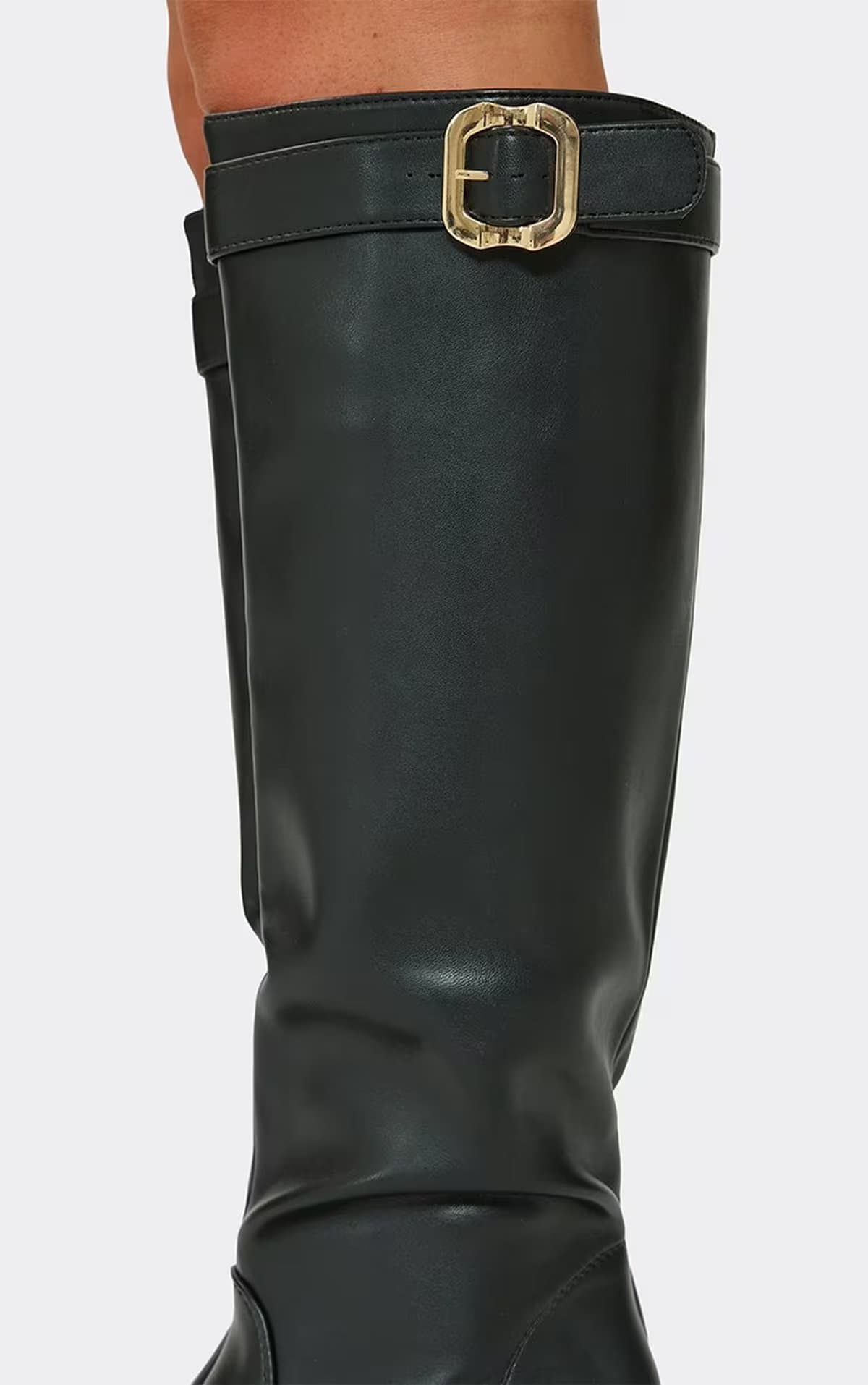EGO Calista Side Buckle Block Heel Knee High Boot In Black Faux Leather, Women's Size UK 4