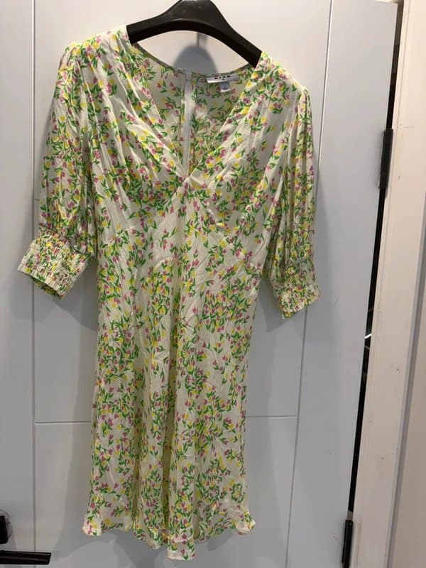 Rixo #RIXO Floral Mini Dress – Size 2 | White Pink & Green Print | Puff Sleeve