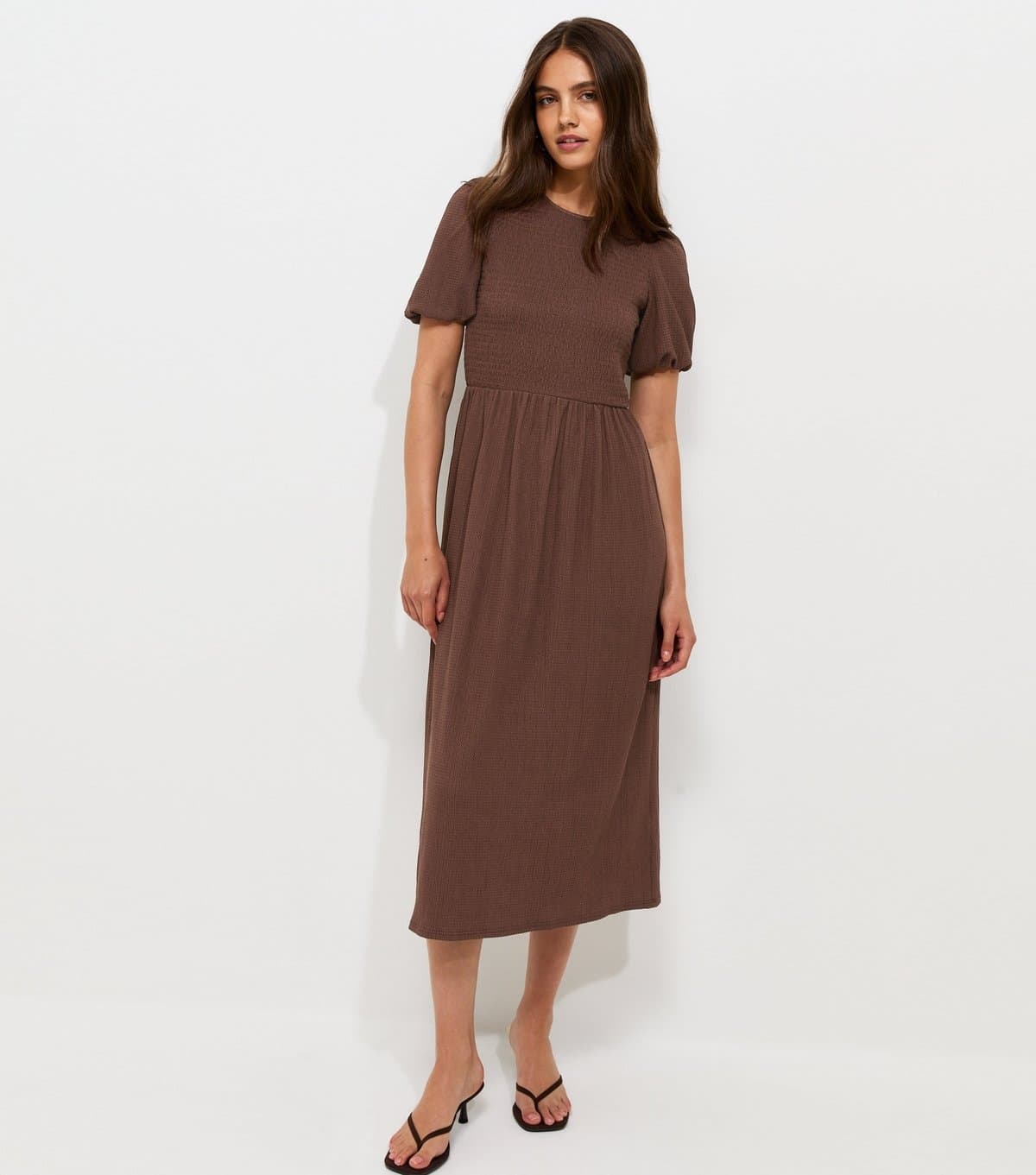 New Look Women's Dark Brown Shirred Bodice Textured Midi Dress New Look