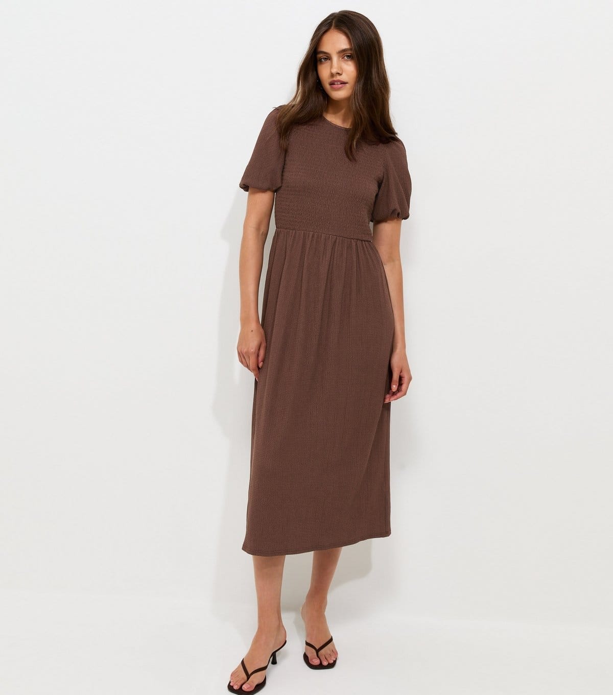 New Look Women's Dark Brown Shirred Bodice Textured Midi Dress New Look - 1