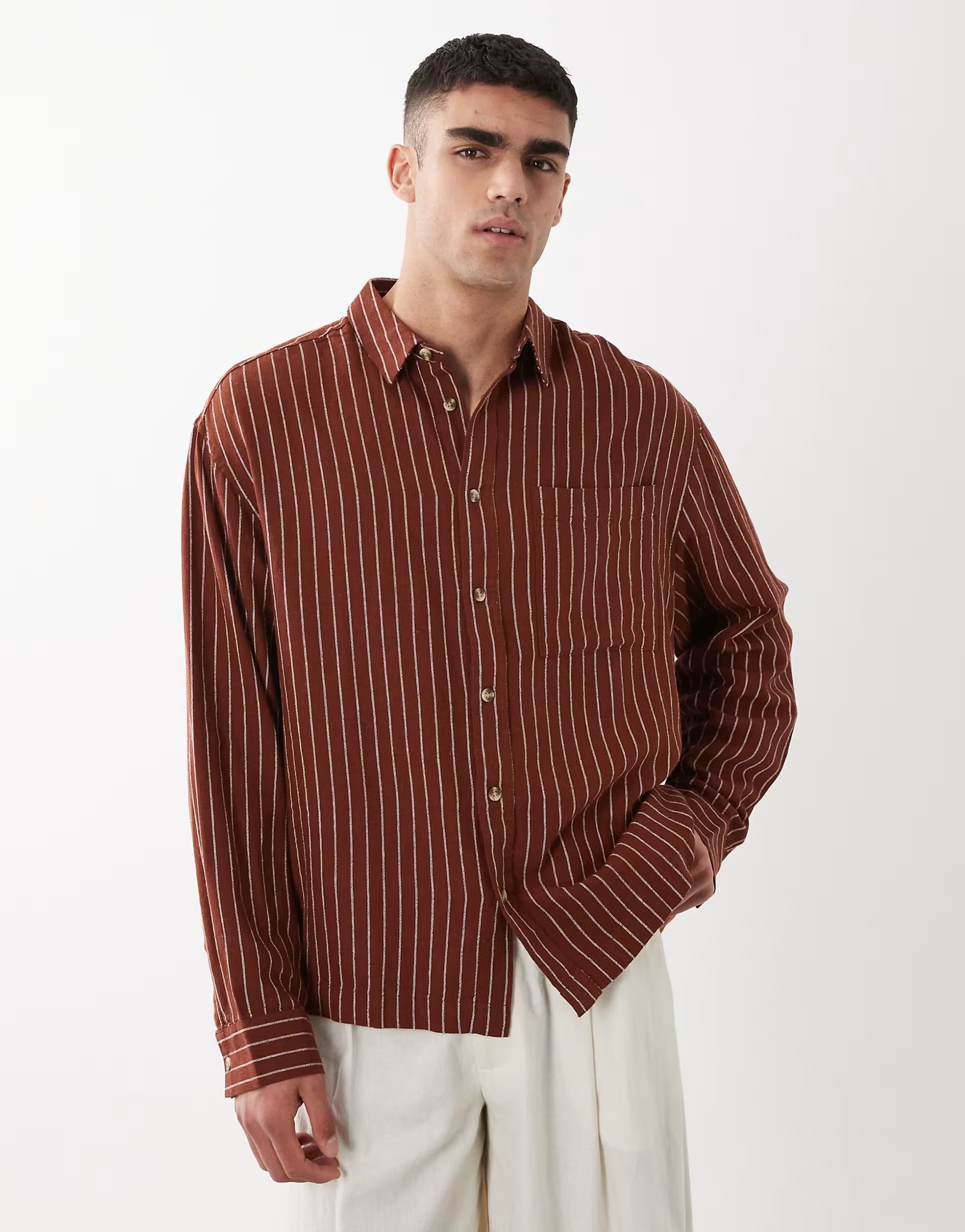 ASOS ASOS DESIGN oversized linen blend stripe shirt in brown