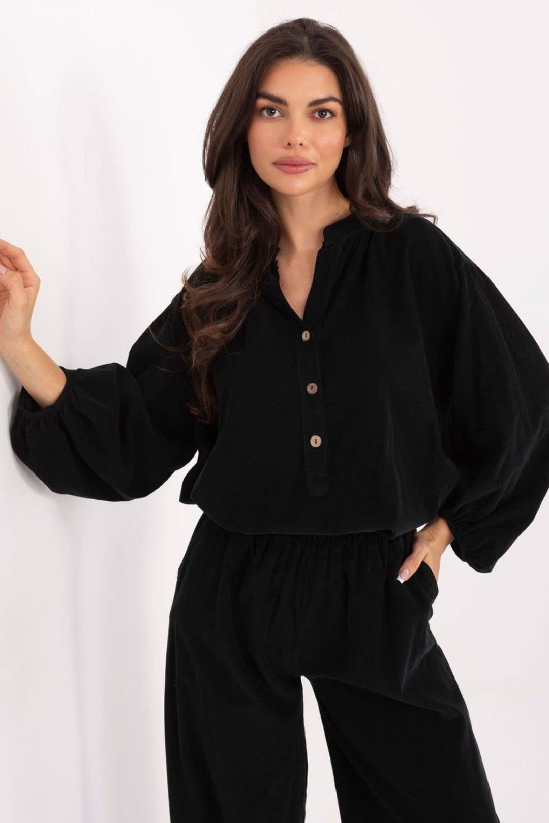 Love Lace Love Lace Women's Casual Heart Neck Puff Sleeve Shirt Blouse in Black