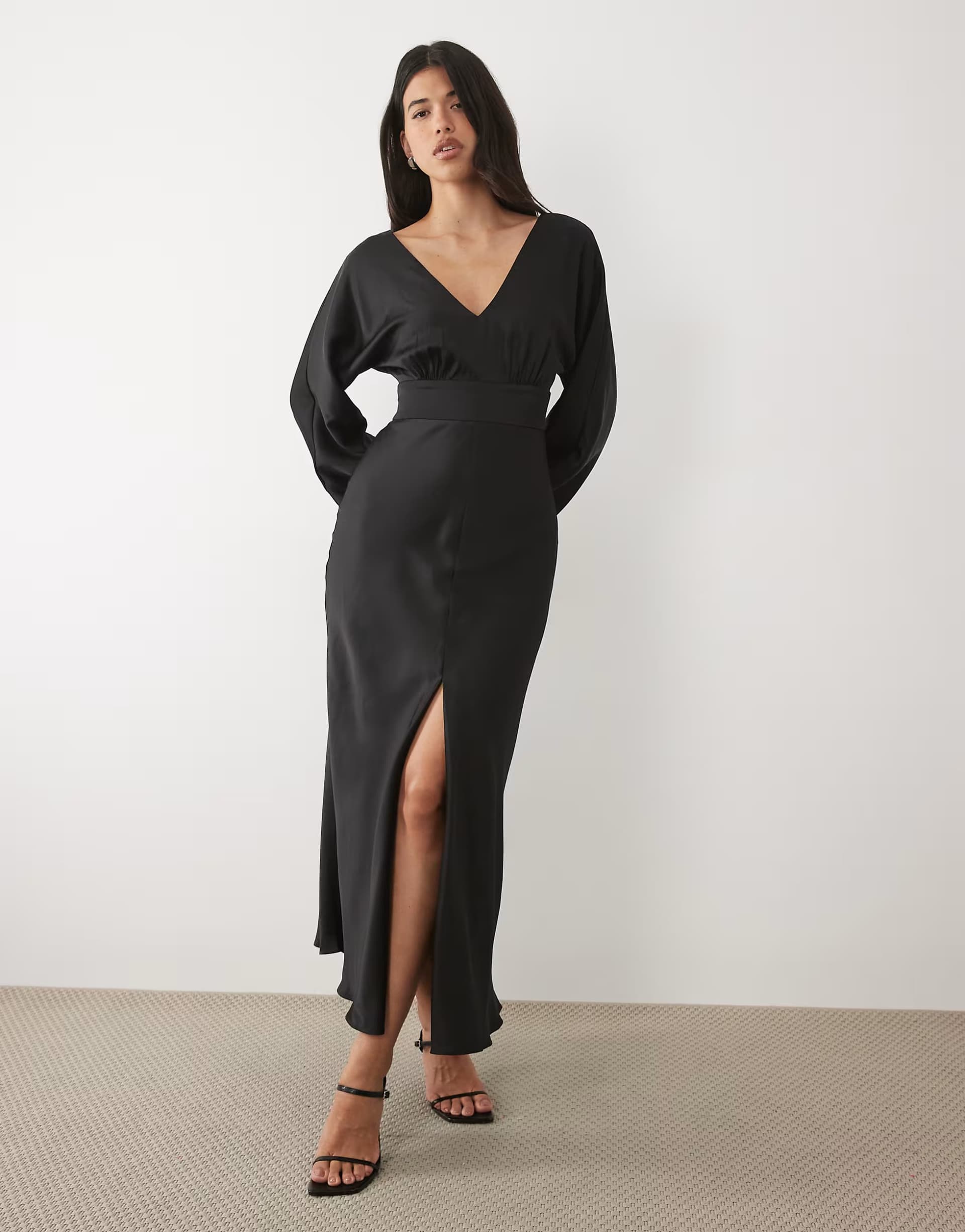 ASOS Forever New satin v neck batwing slit front maxi dress in black