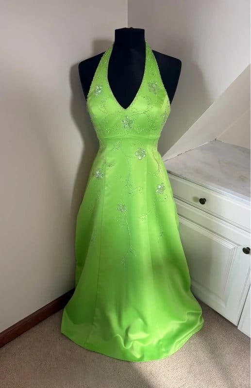Morgan & Co. Morgan & Co y2k 90’s 00’s Vintage Halterneck Lime Green Beaded Evening Prom Dress size 6/8/10 - 1