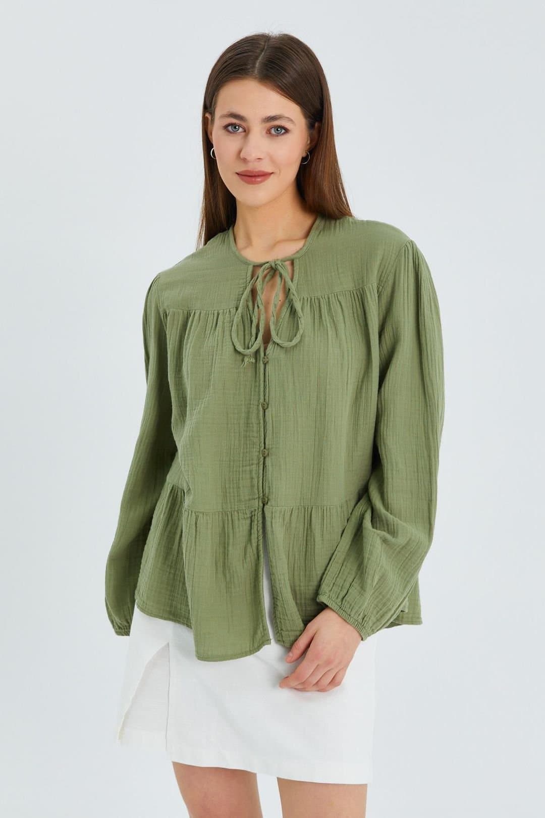 MixRay MixRay Women's Long Sleeve Relaxed Fit Blouse with Tie-Neck in Pale Green
