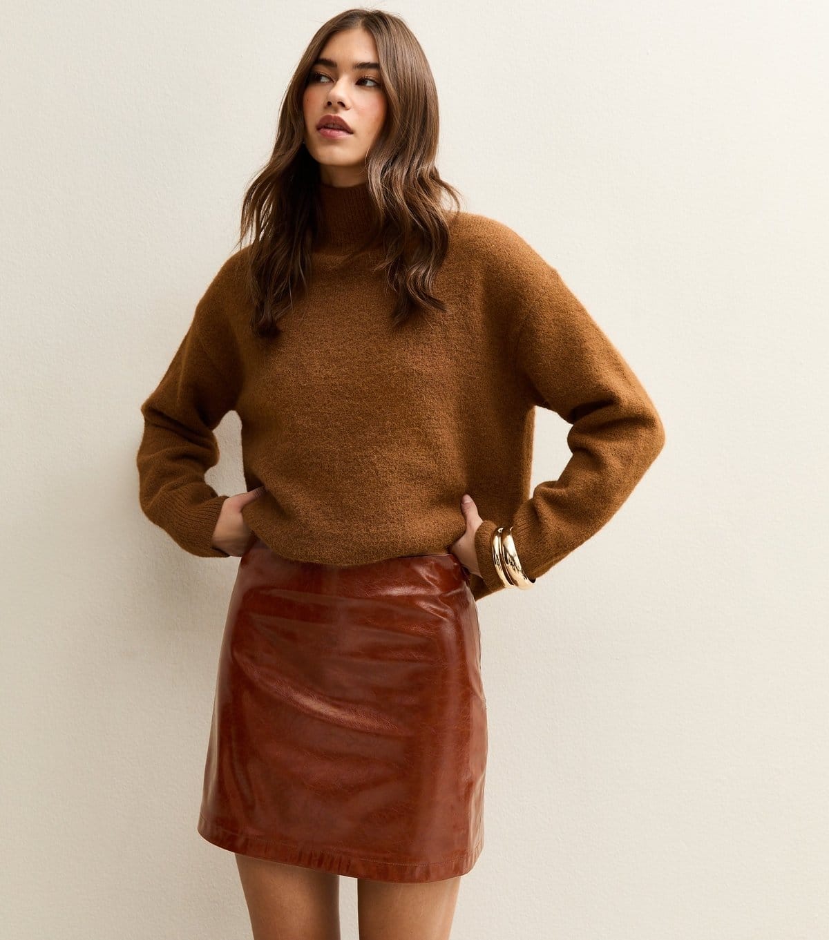 New Look Tan Cracked Faux Leather Mini Skirt
