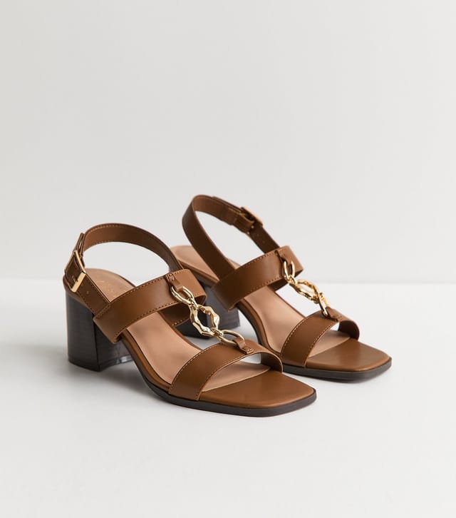New Look Women's Tan Faux Leather Chain Strap Block Heel Sandals Vegan New Look - 2