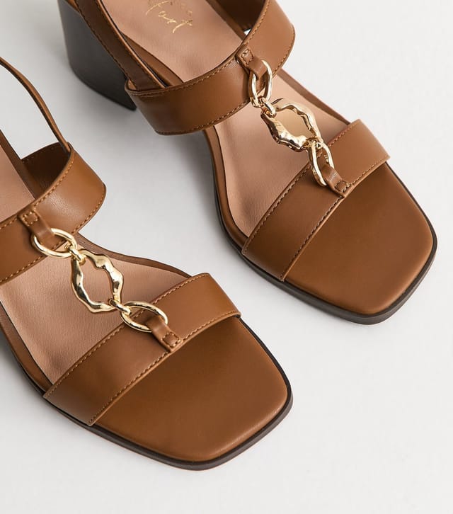 New Look Women's Tan Faux Leather Chain Strap Block Heel Sandals Vegan New Look - 3