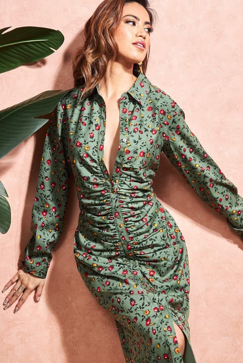 City Goddess City Goddess Women's Floral Print Shirt Dress in Pale Green - 3