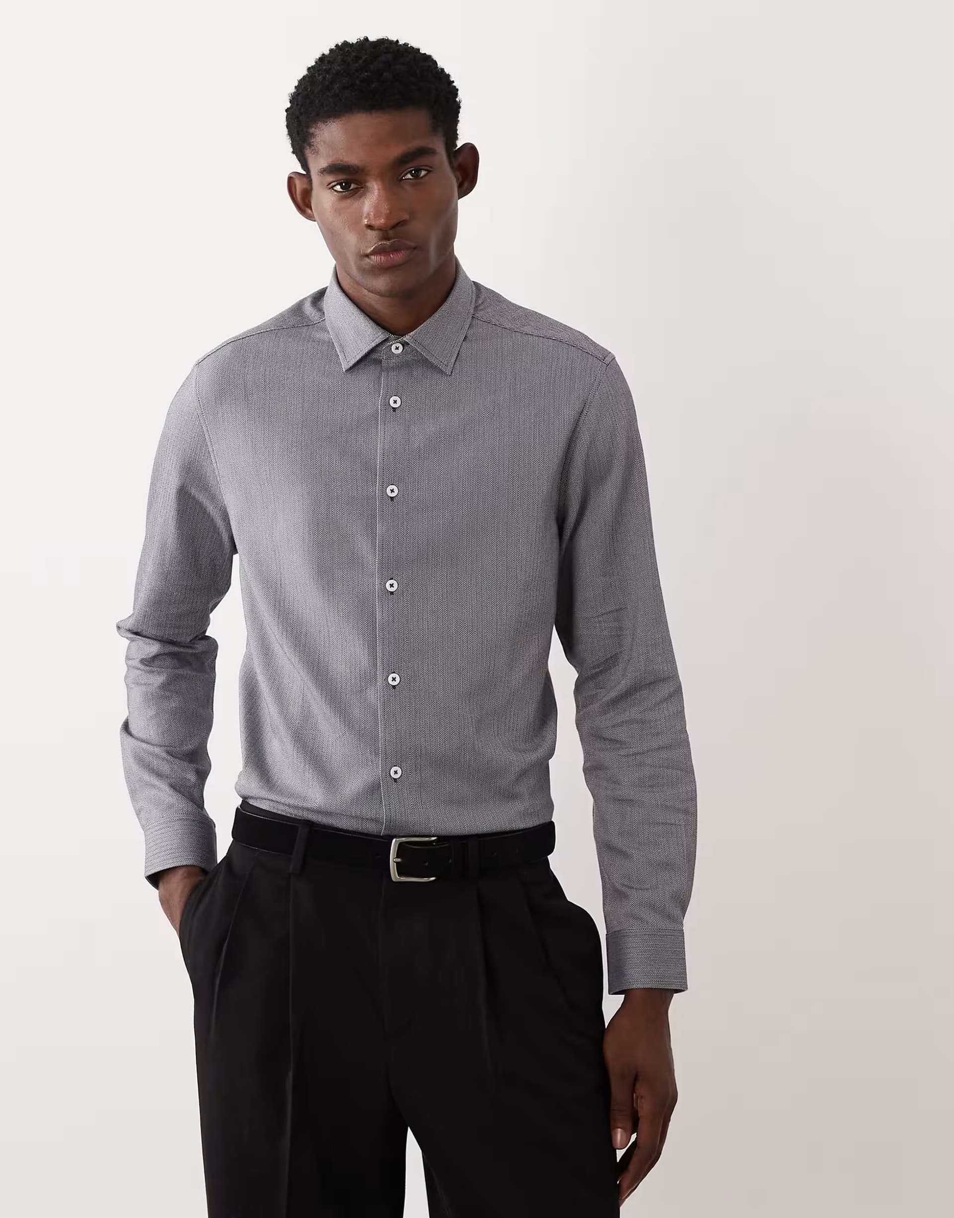 ASOS ASOS DESIGN smart slim herringbone shirt in navy
