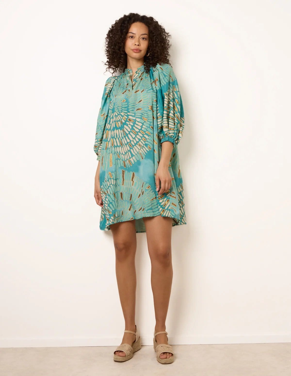 Blue Vanilla Aqua Diamante Tunic Dress With Puff Sleeve