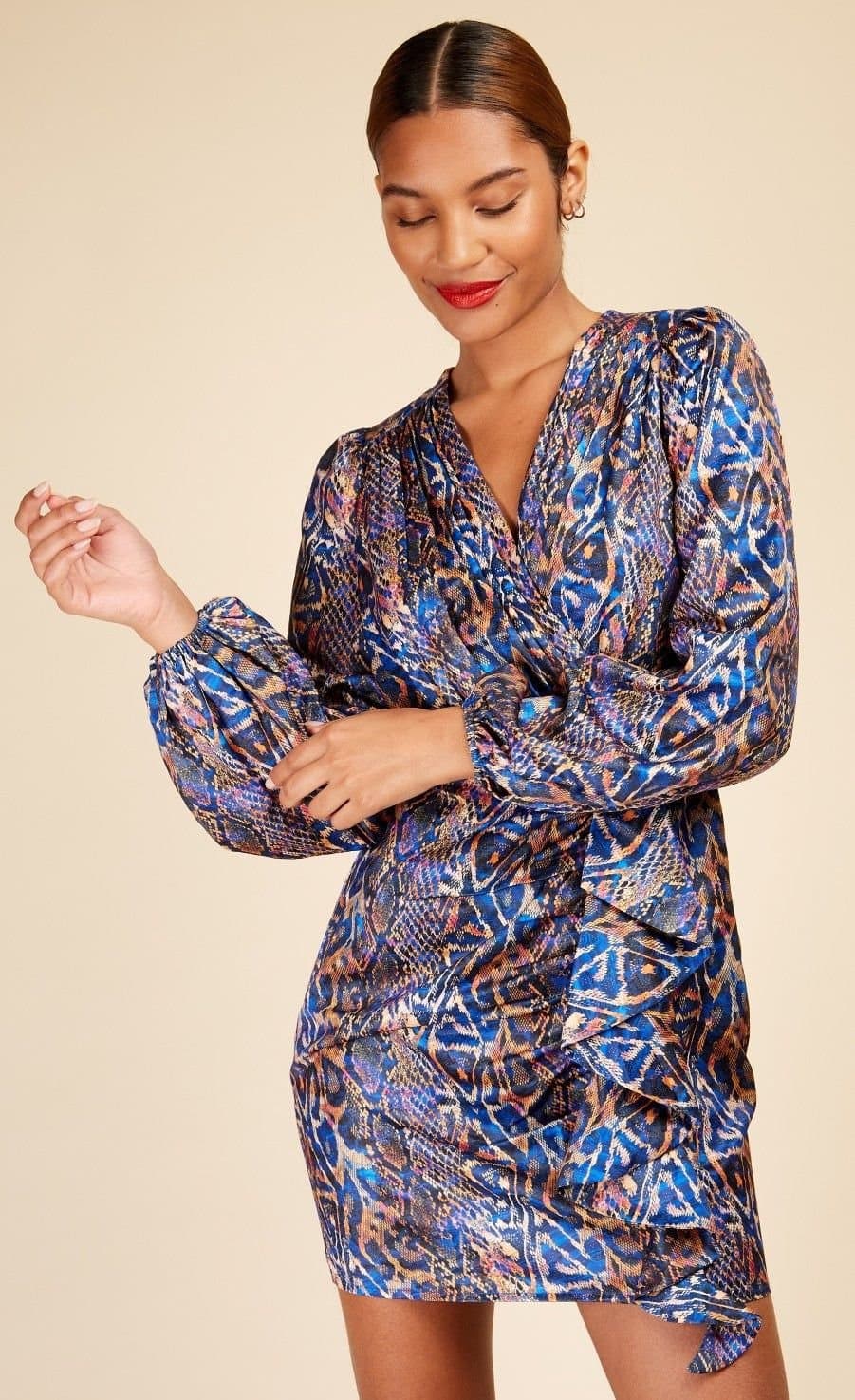 Little Mistress Little Mistress Women's Snake Satin Draped Frill Mini Dress