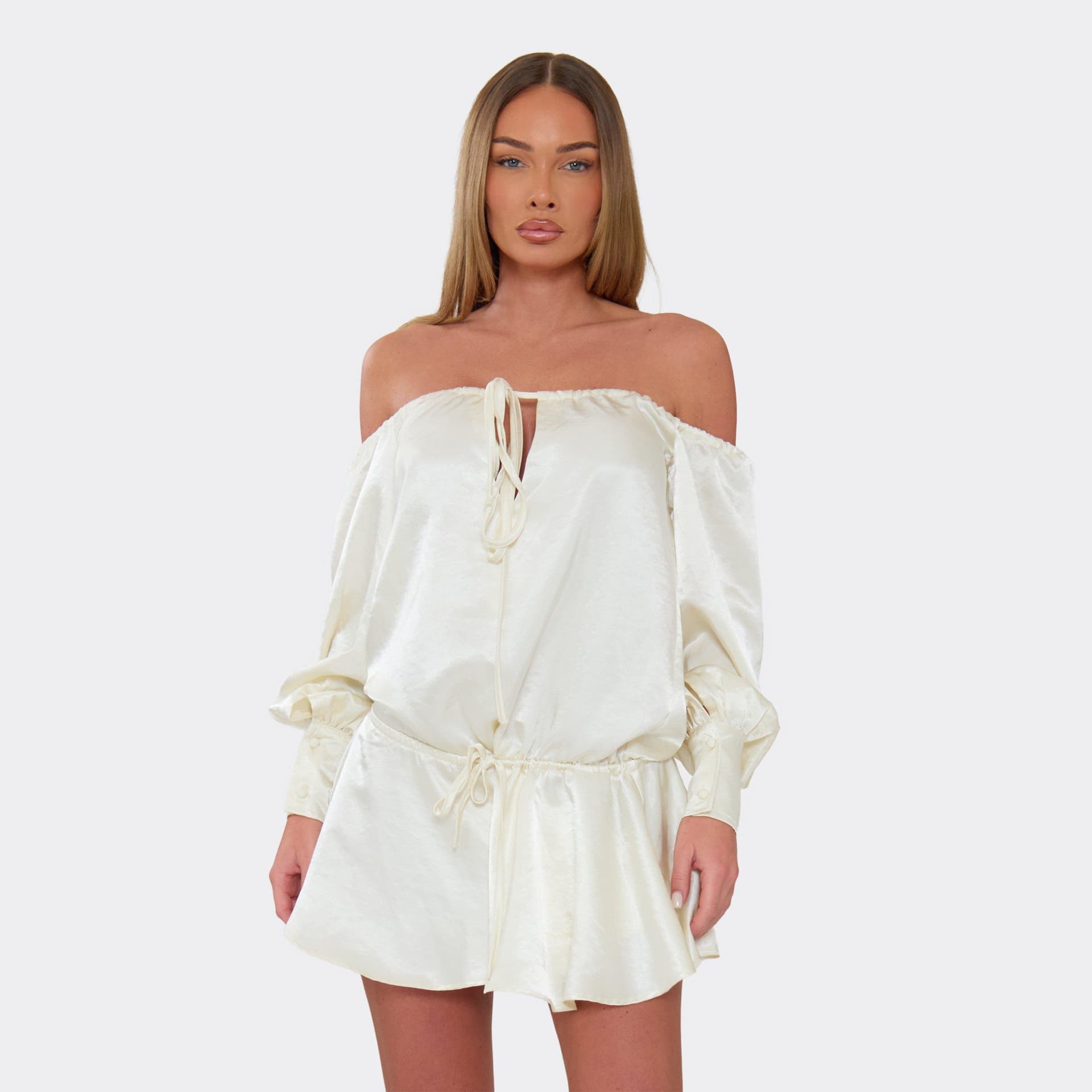 EGO Long Bardot Sleeve Tie Front Playsuit In Cream Satin, Women's Size UK 6