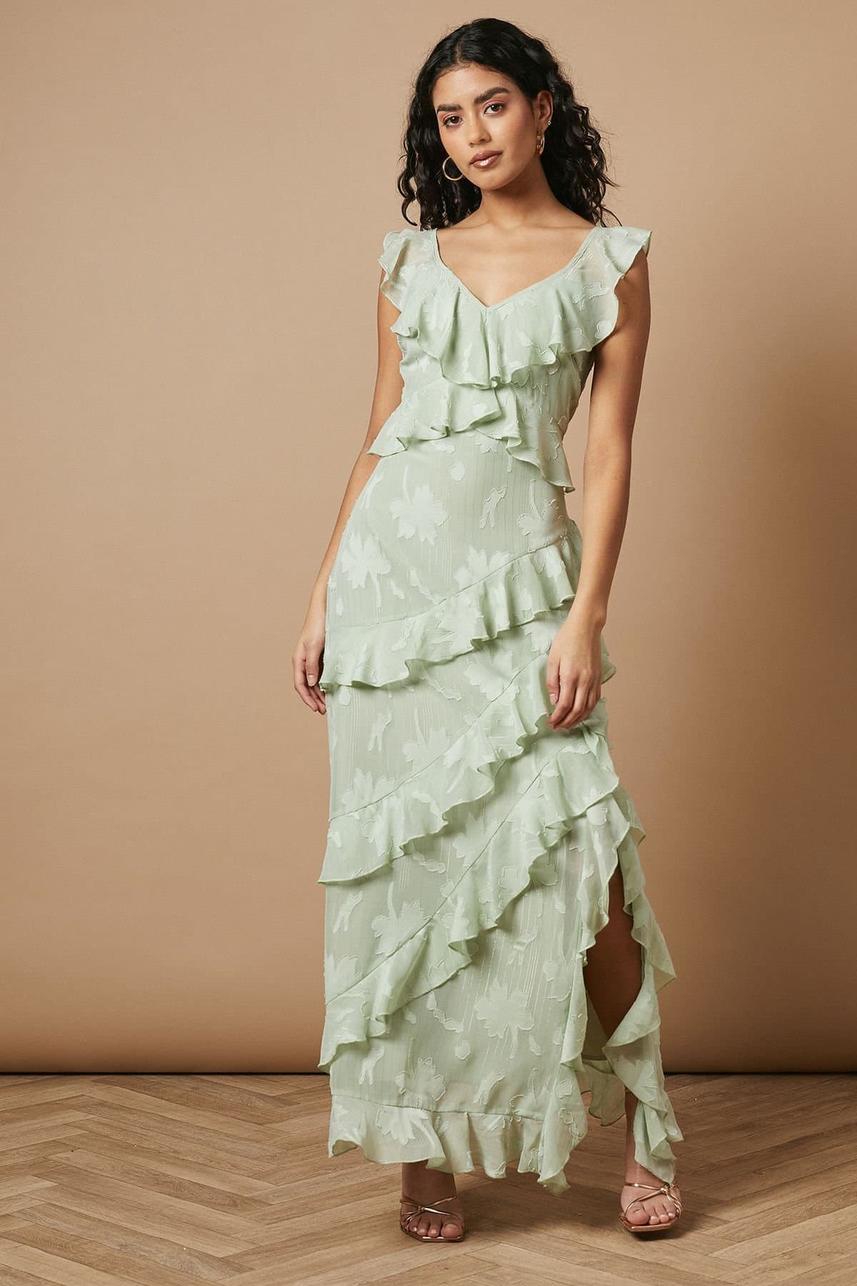 Oasis Oasis Women's Petite Ruffle Jacquard Print Maxi Dress in Sage