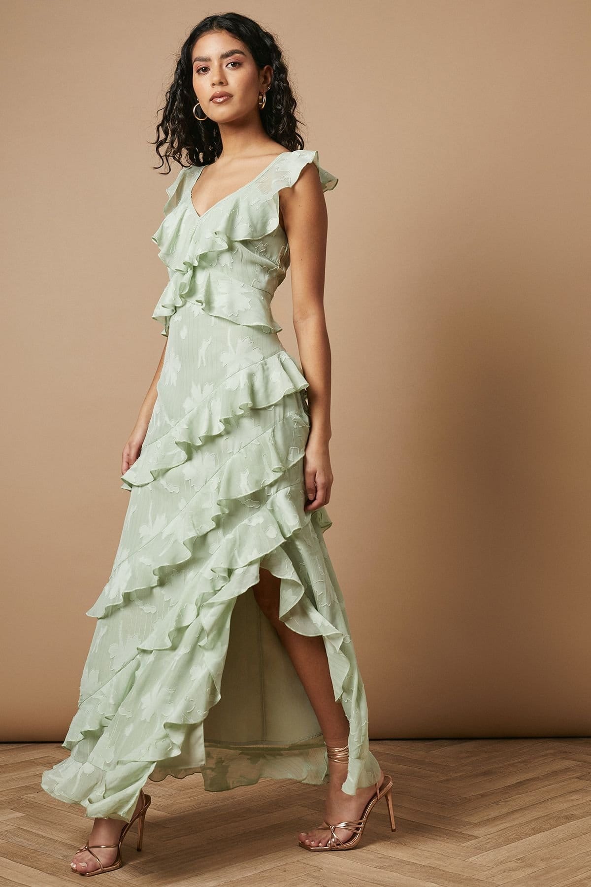 Oasis Oasis Women's Petite Ruffle Jacquard Print Maxi Dress in Sage - 4