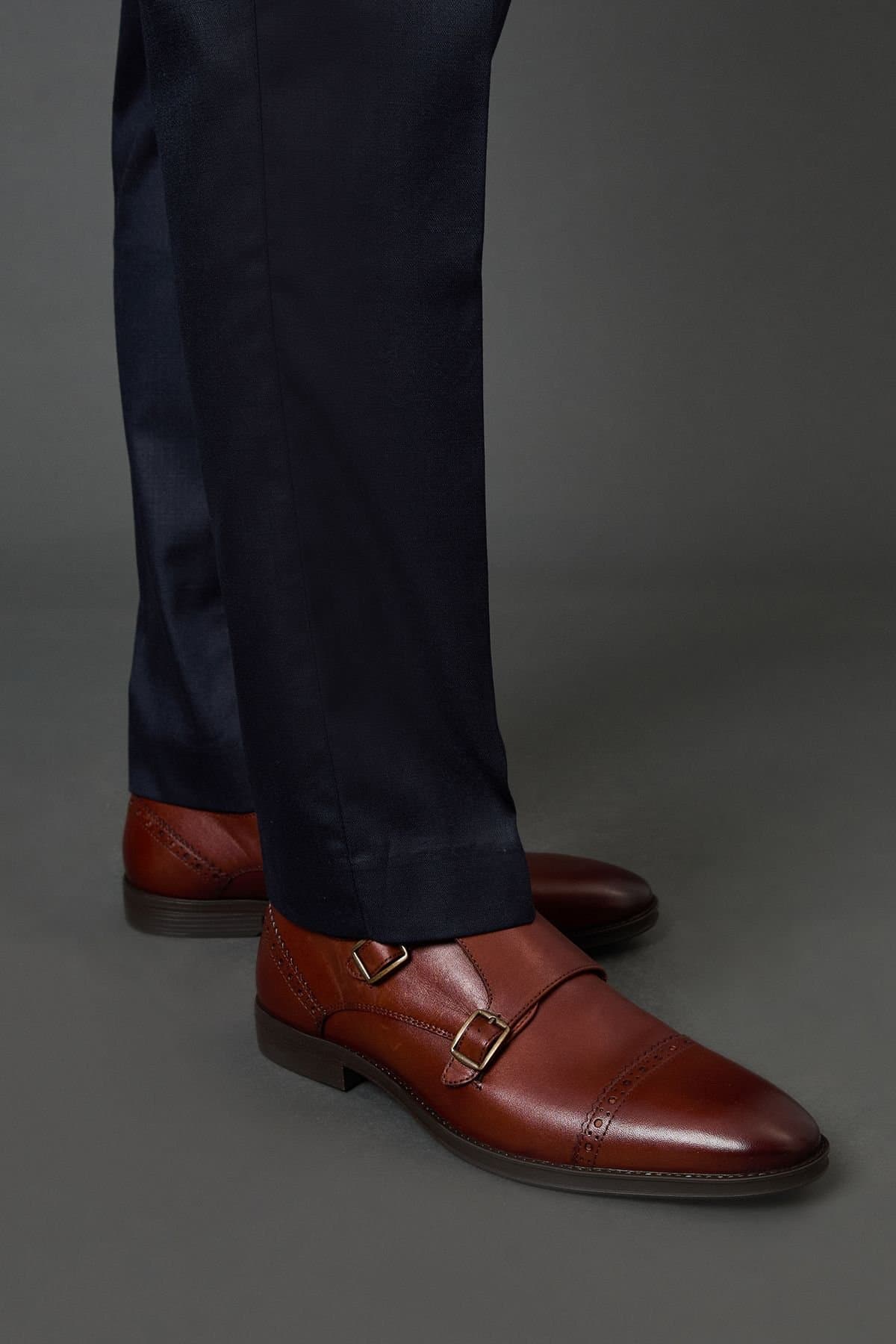 Burton Burton Men's Tan Leather Smart Monk Strap Brogue Shoes