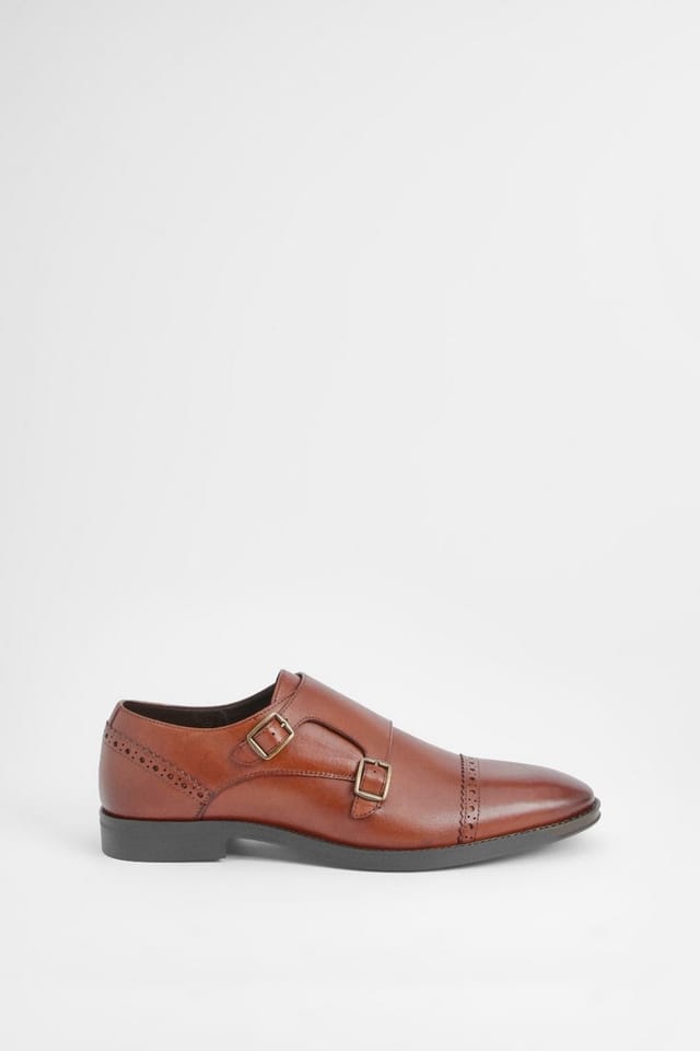 Burton Burton Men's Tan Leather Smart Monk Strap Brogue Shoes - 2