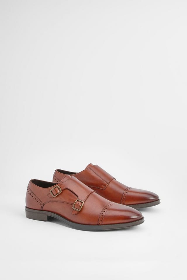 Burton Burton Men's Tan Leather Smart Monk Strap Brogue Shoes - 3