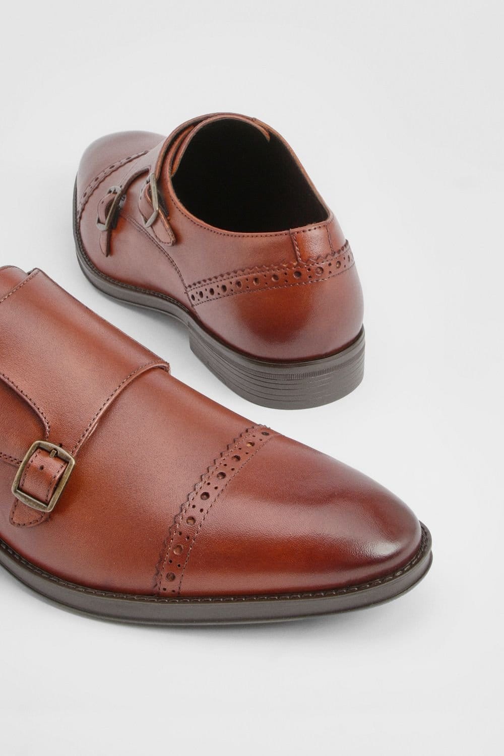 Burton Burton Men's Tan Leather Smart Monk Strap Brogue Shoes - 4