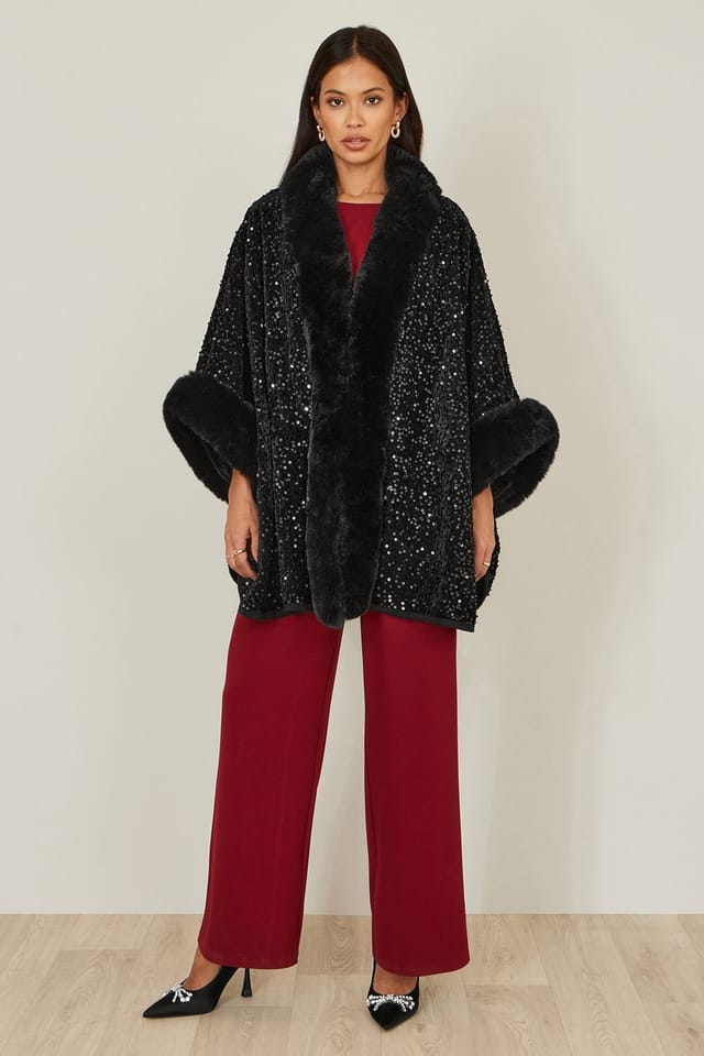 Yumi Yumi Women's Black Sequin Cape with Faux Fur Trim & Lining - 3