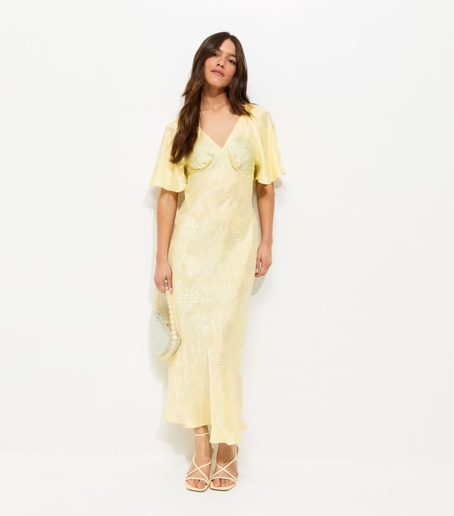 New Look Women's Petite Light Yellow Palm Jacquard Flutter Sleeve Midi Dress New Look - 2