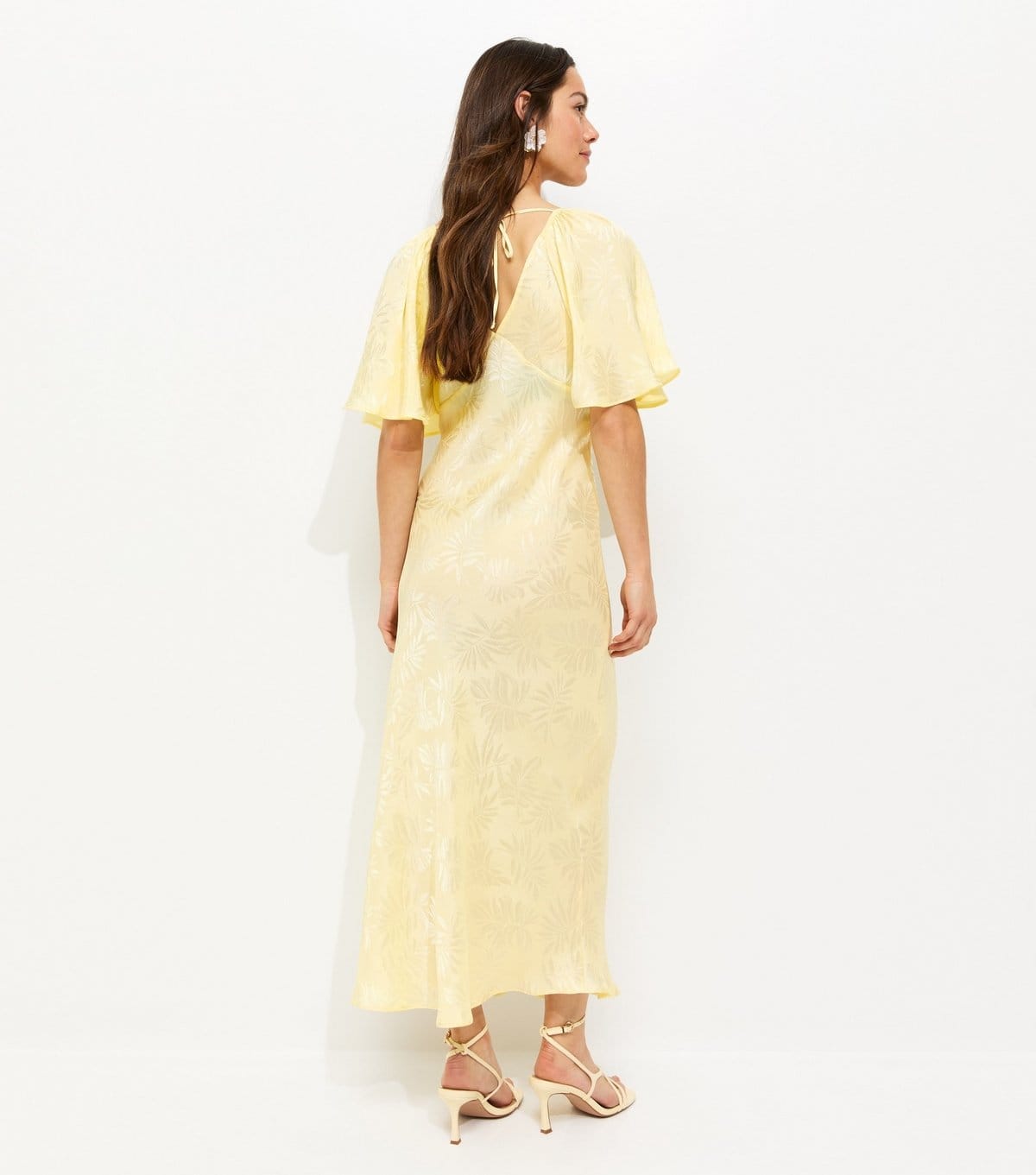 New Look Women's Petite Light Yellow Palm Jacquard Flutter Sleeve Midi Dress New Look - 4