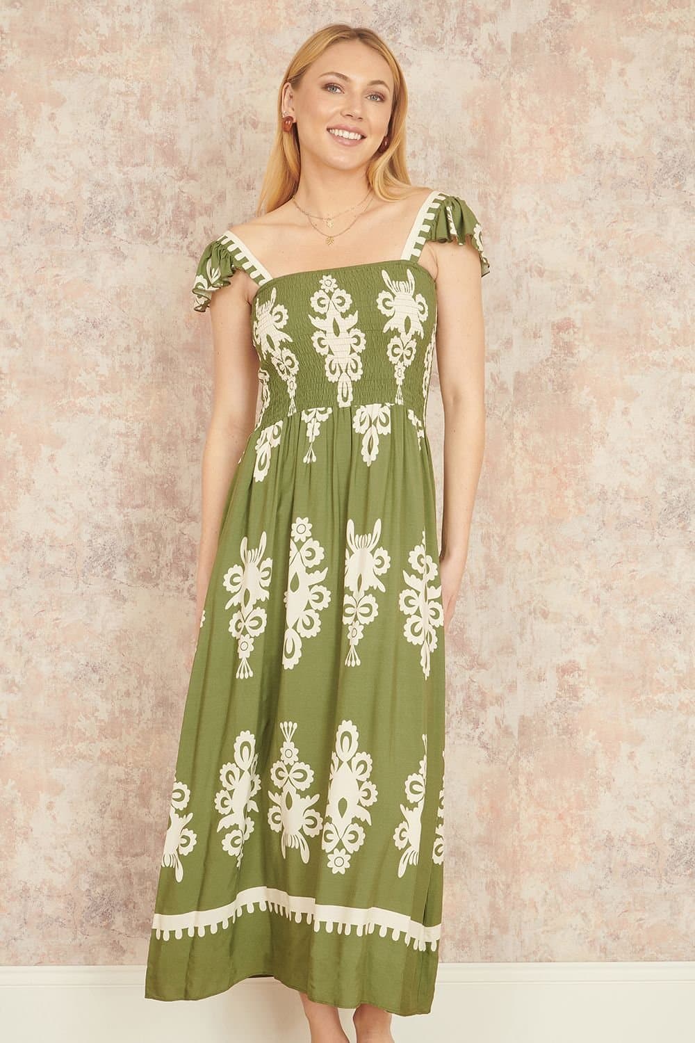 Yumi Yumi Women's Green Block Print Ruched Maxi Dress