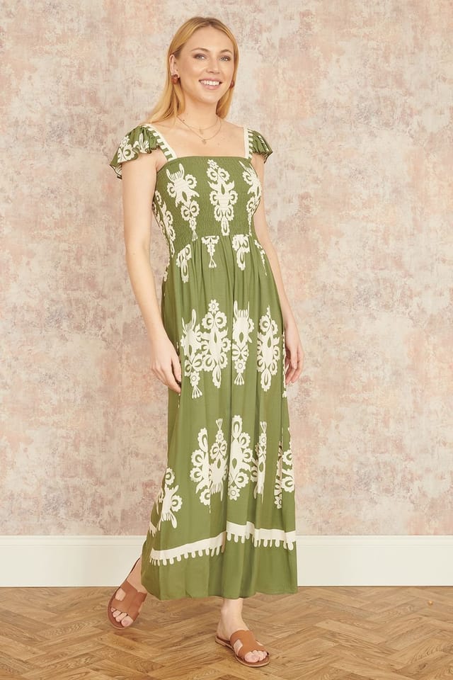 Yumi Yumi Women's Green Block Print Ruched Maxi Dress - 2