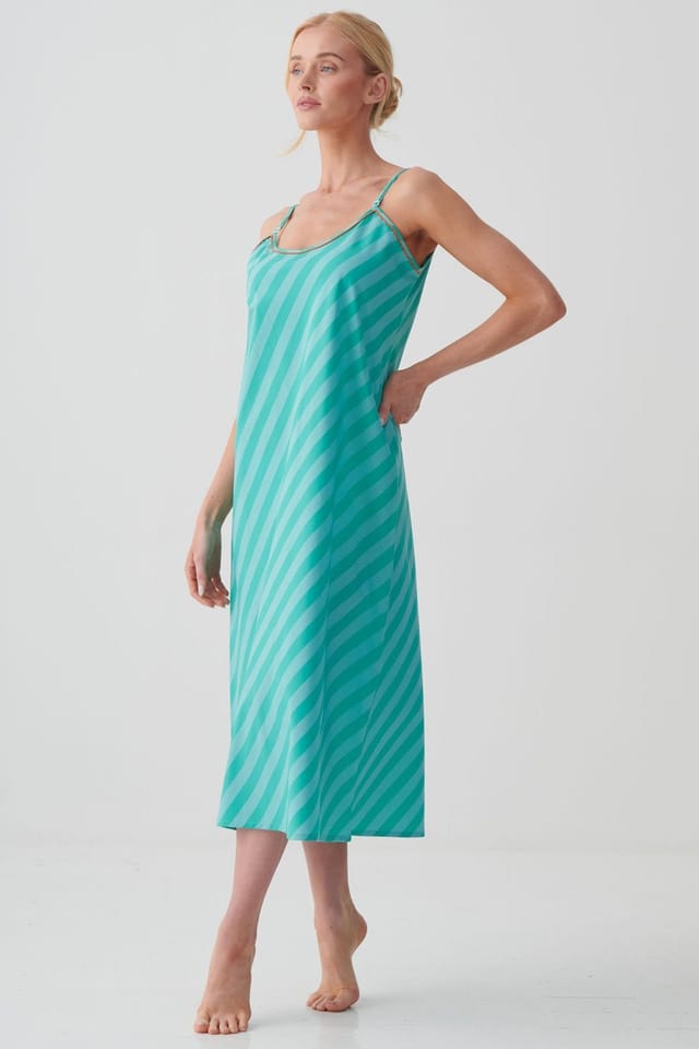 British Boxers British Boxers Women's "New York Turquoise Stripe" Crisp Cotton Strappy Nightdress - 2