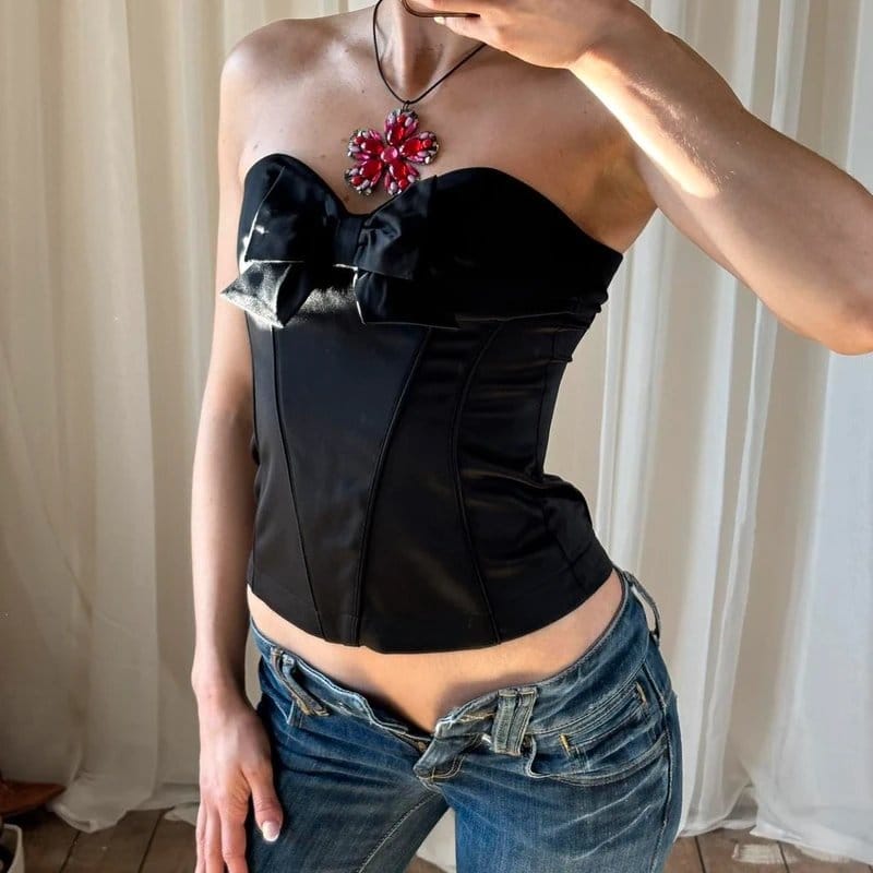 New Look Black Satin Corset Top with 3D Bow Ribbon Embellishment