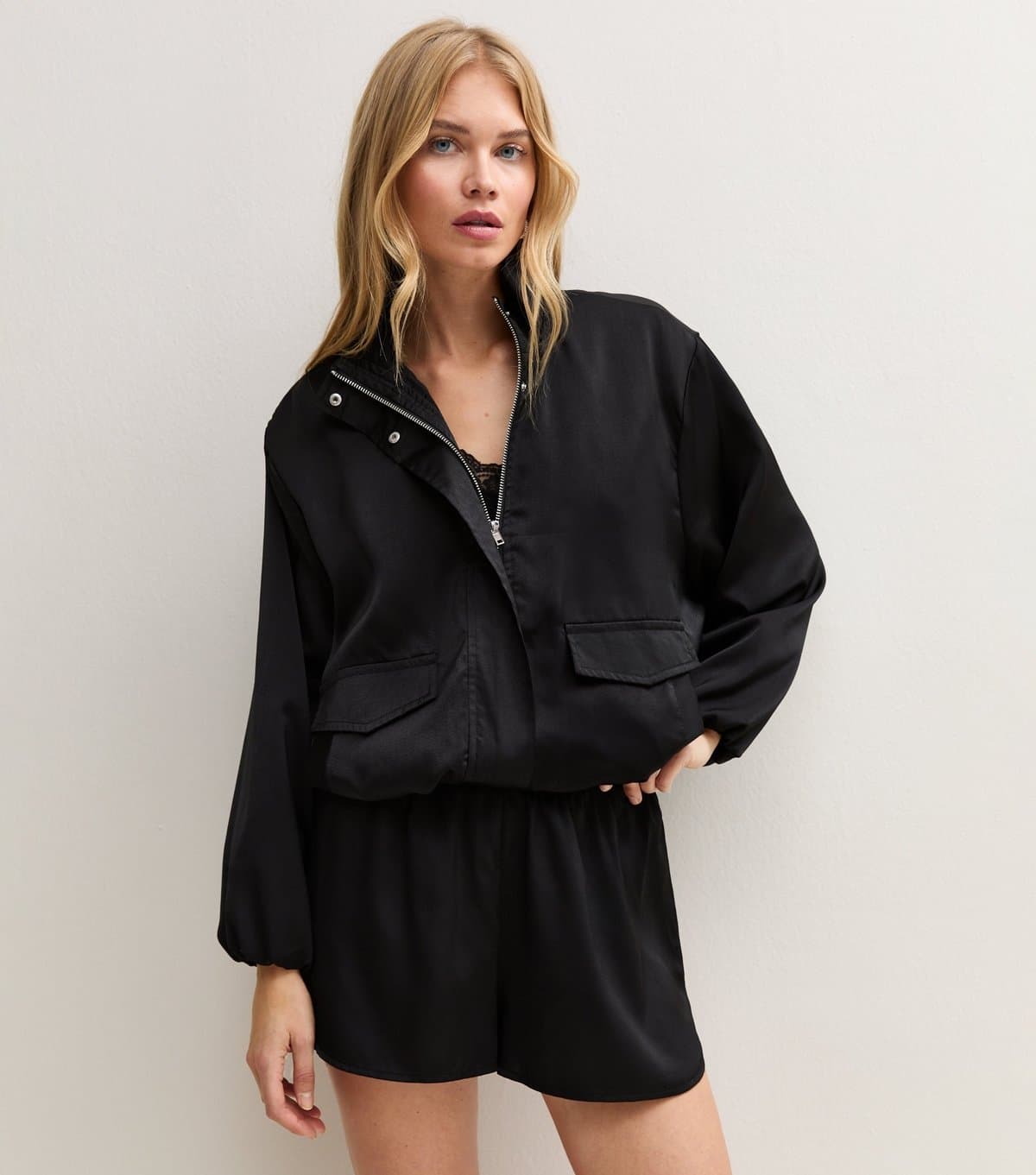 New Look Women's Black Satin Flap Pocket Bomber Jacket New Look