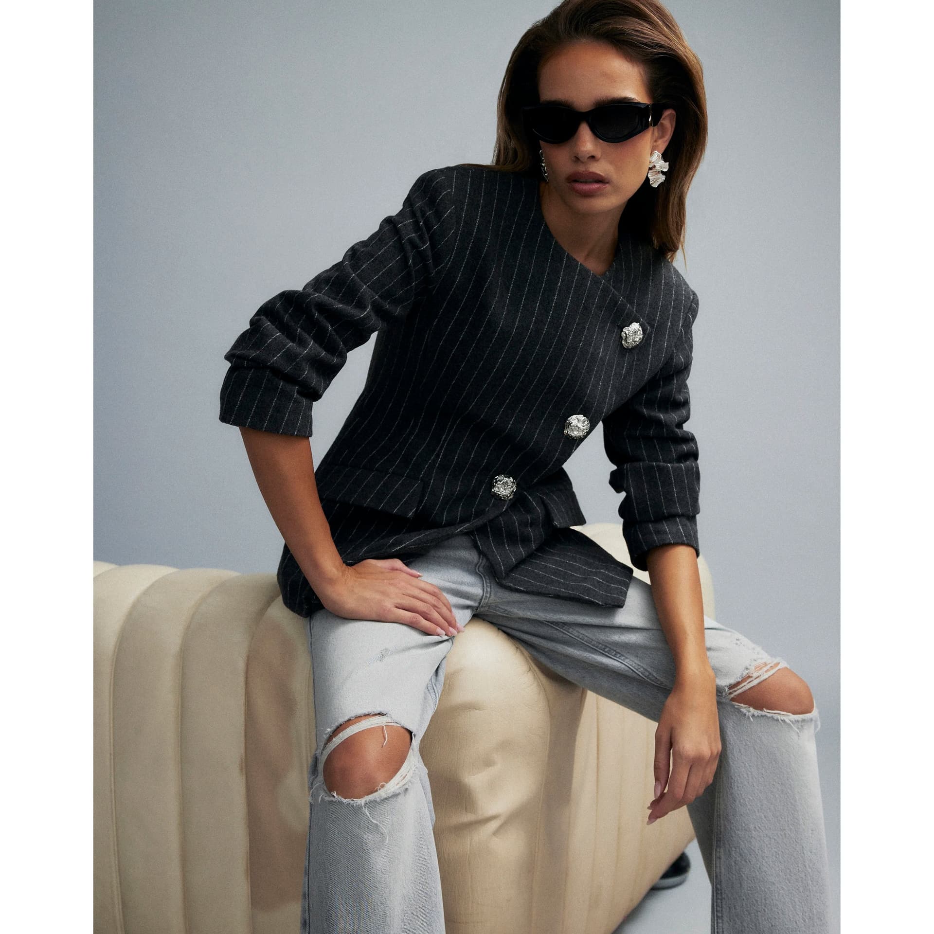 River Island River Island Womens Grey Asymmetric Placket Pinstripe Blazer