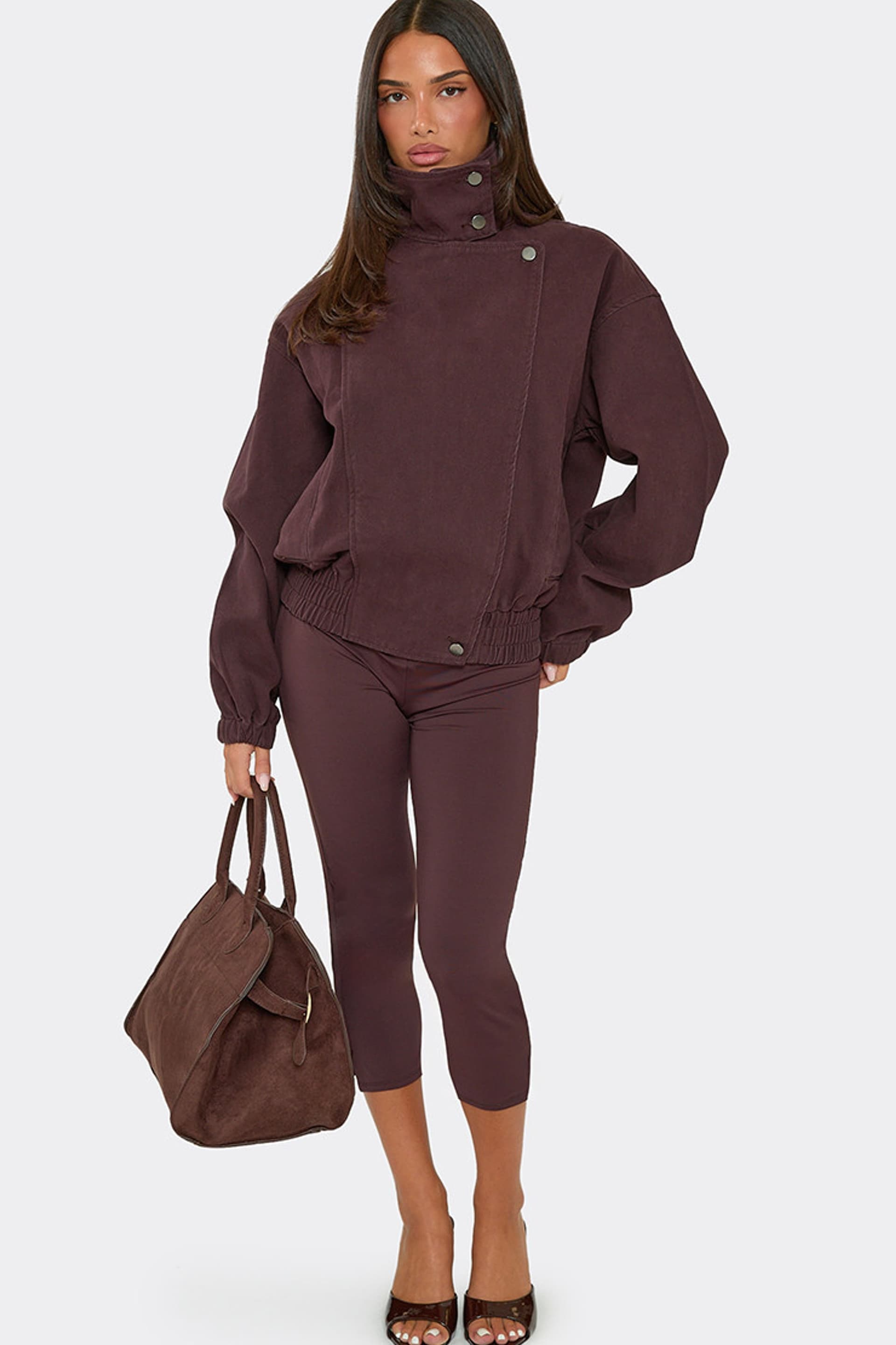 EGO EGO Women's Long Sleeve High Neck Denim Jacket in Chocolate