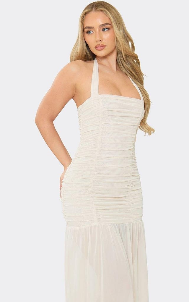 EGO Halterneck Ruched Detail Maxi Dress In Cream Mesh, Women's Size UK 6 - 2