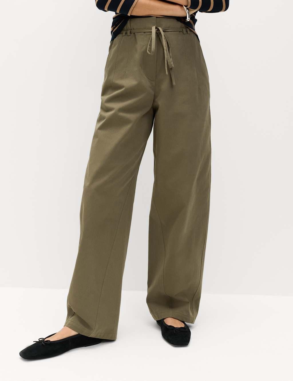 Marks & Spencer M&S Pure Cotton Barrel Leg Trousers Dark Khaki