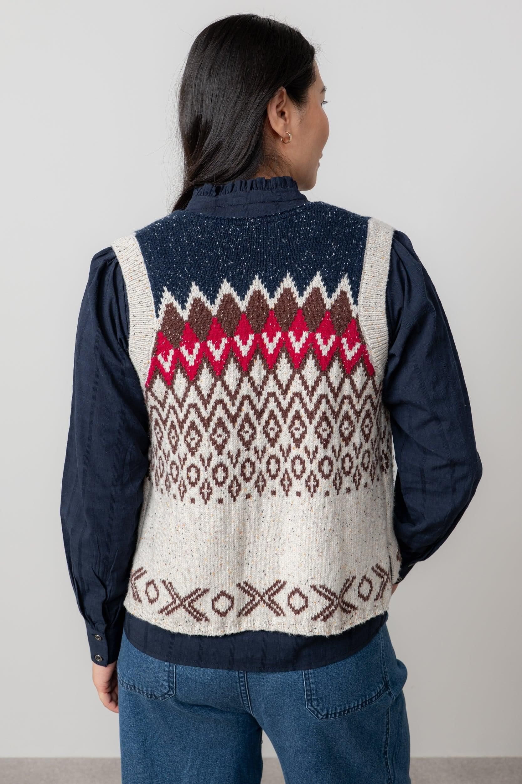 Lily & Me Lily & Me Women's Suvi Knitted Cotton Blend Fair Isle Waistcoat in Chocolate - 4