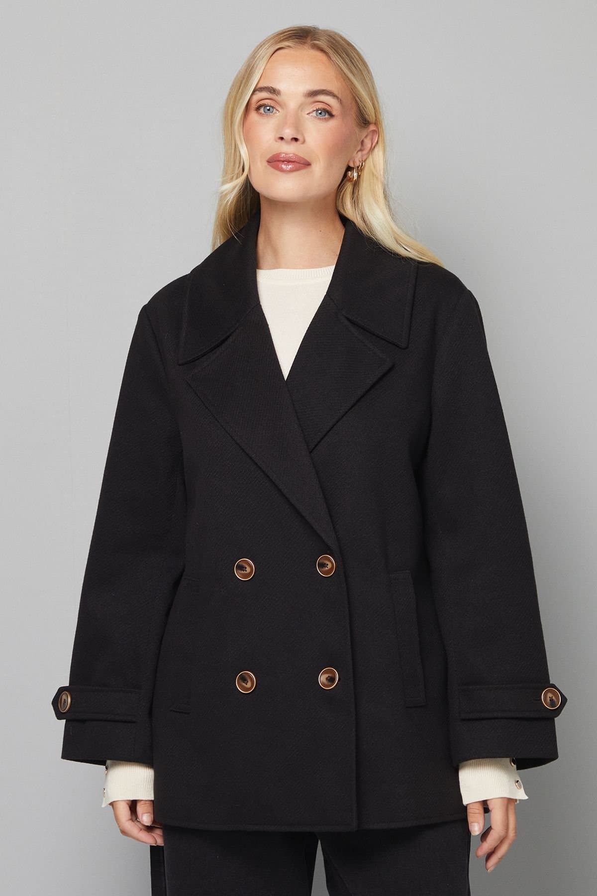 Wallis Wallis Women's Petite Mid Length Double Breasted Coat in Black