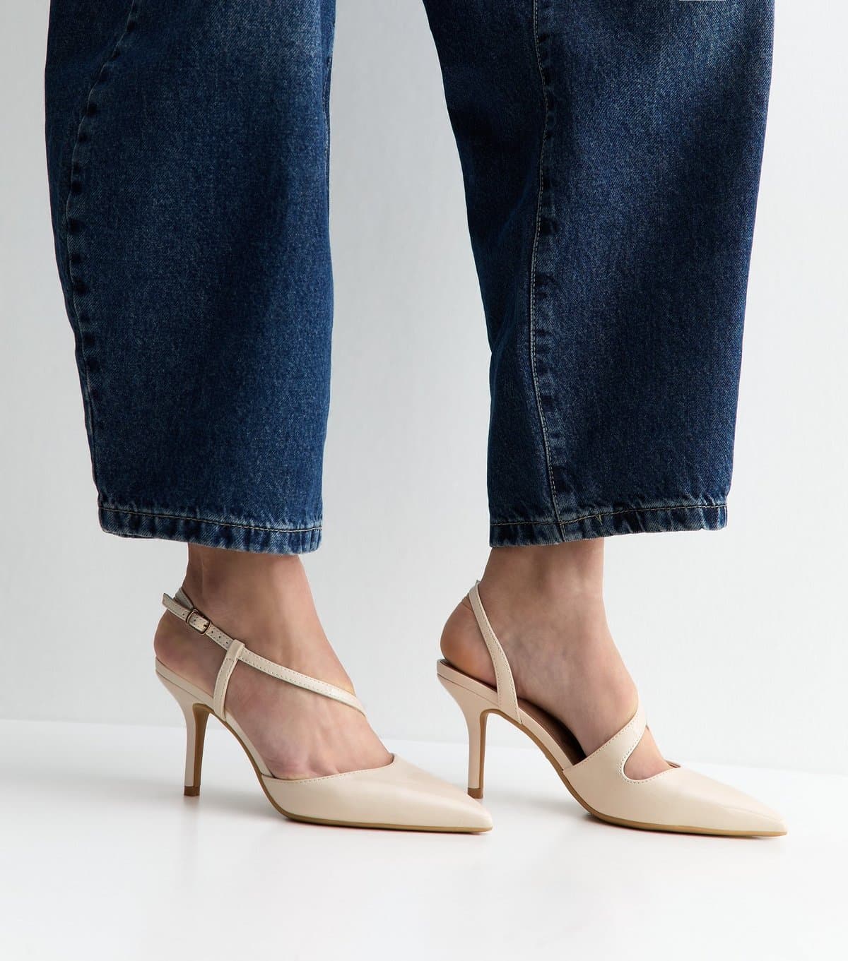 New Look Women's Off White Faux Leather Asymmetric Strap Slingback Court Shoes Vegan New Look