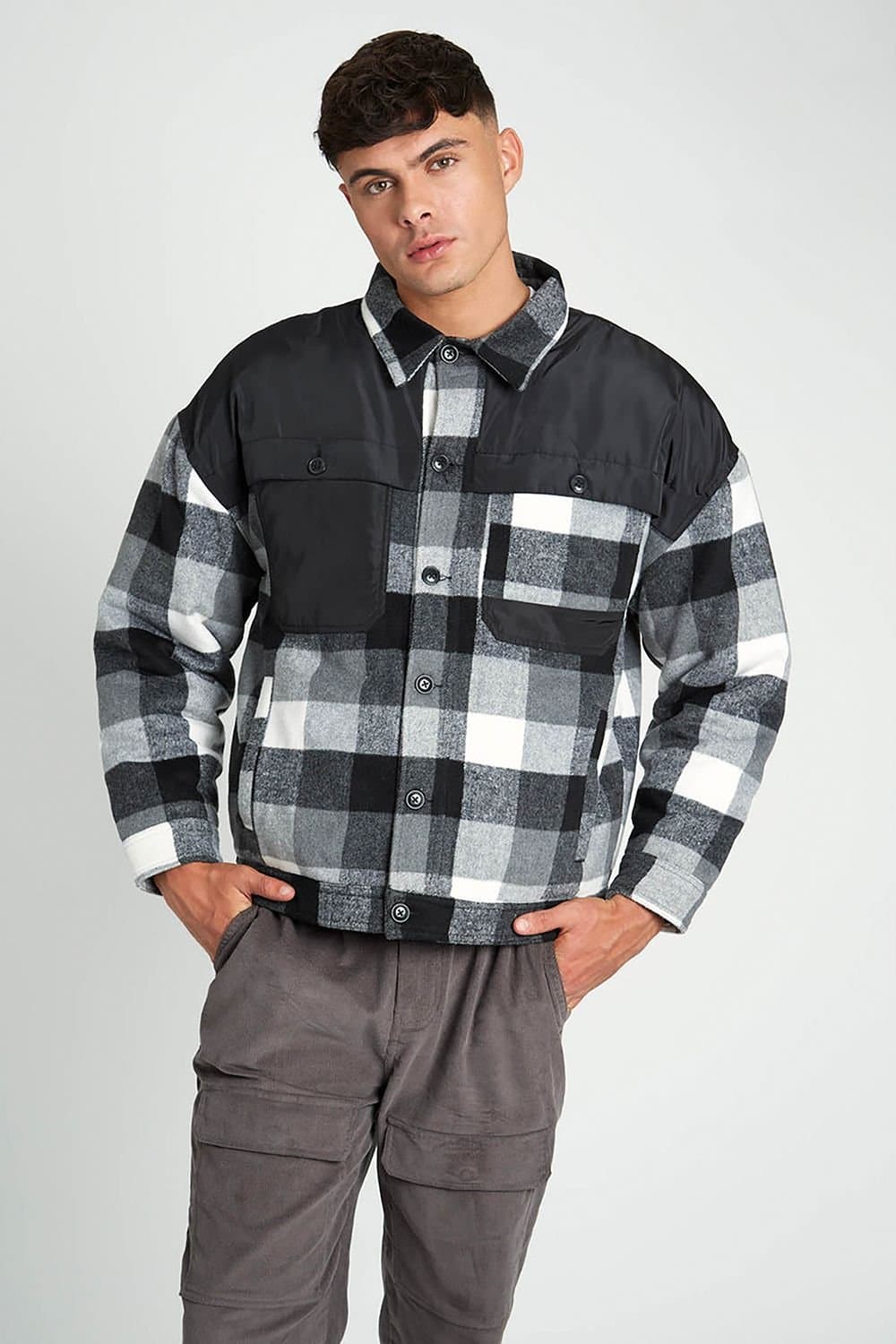 Native Youth Native Youth Men's Oversized Check Jacket With Contrast Panels in Black