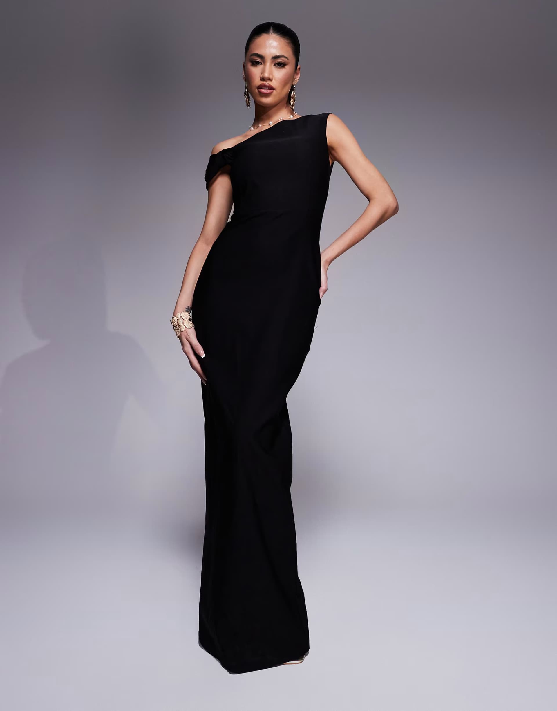 ASOS Vesper bengaline one shoulder knot detail maxi bodycon dress in black