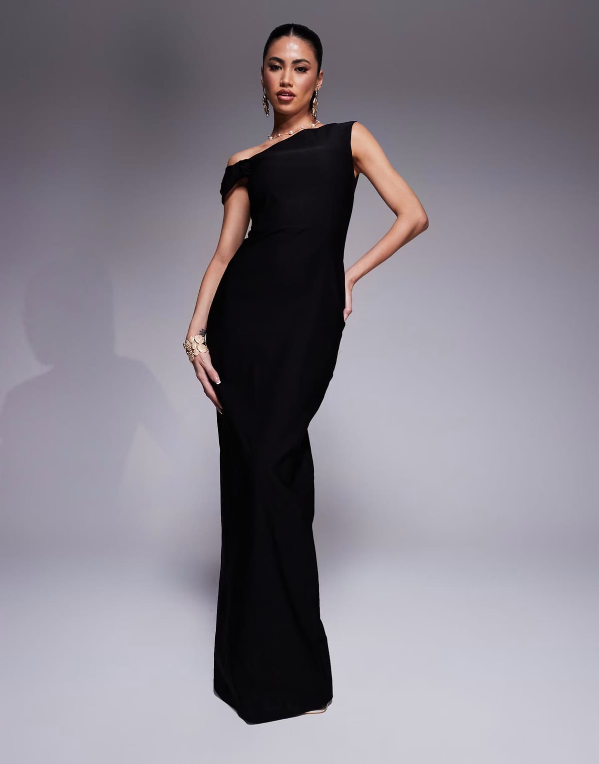 ASOS Vesper bengaline one shoulder knot detail maxi bodycon dress in black - 1