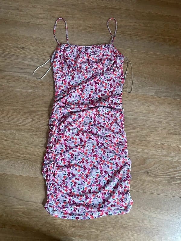 Bershka Ruched Floral Bodycon Dress - White & Pink