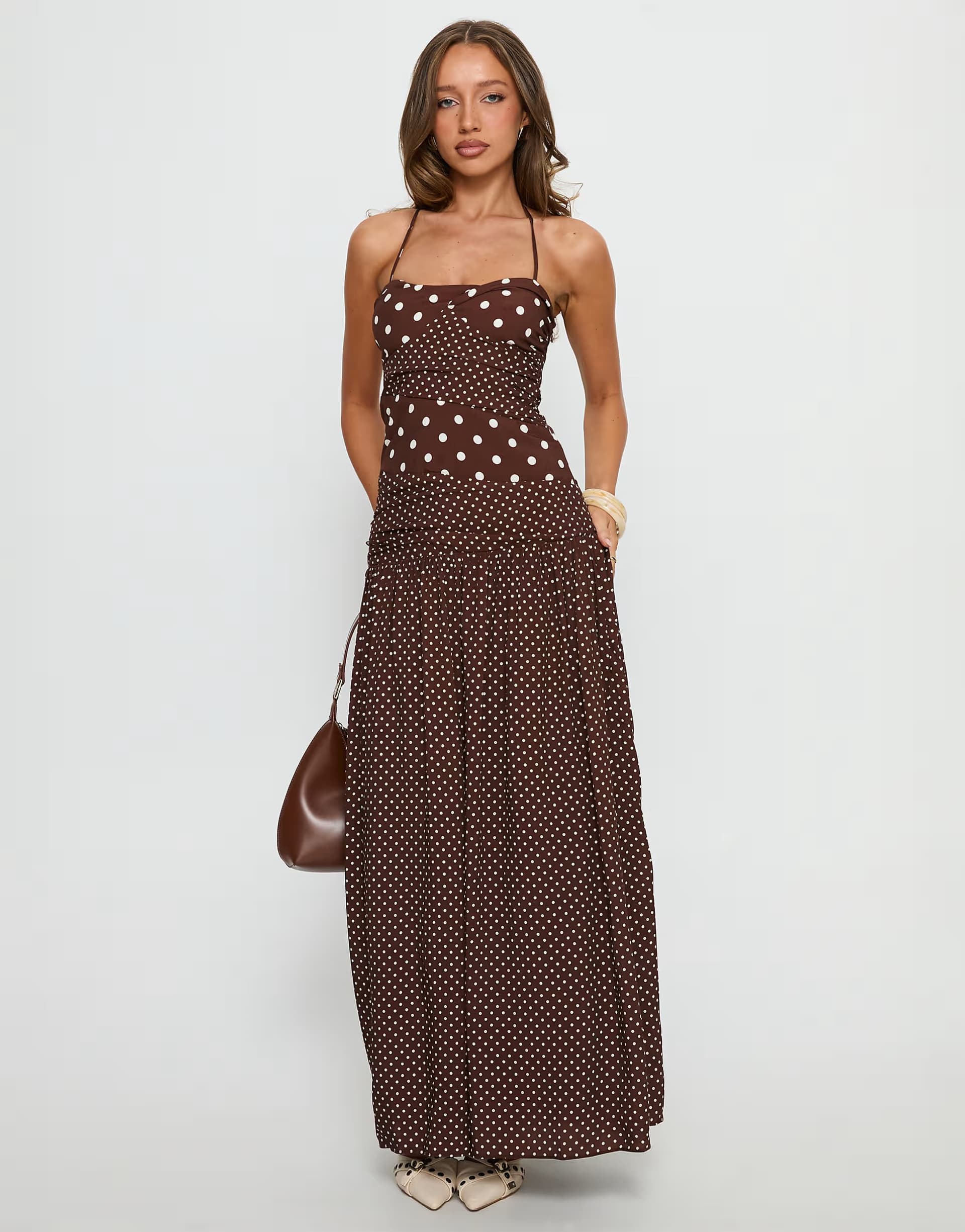 ASOS Princess Polly Marguerite contrast panel halterneck drop waist maxi dress in chocolate polka dot