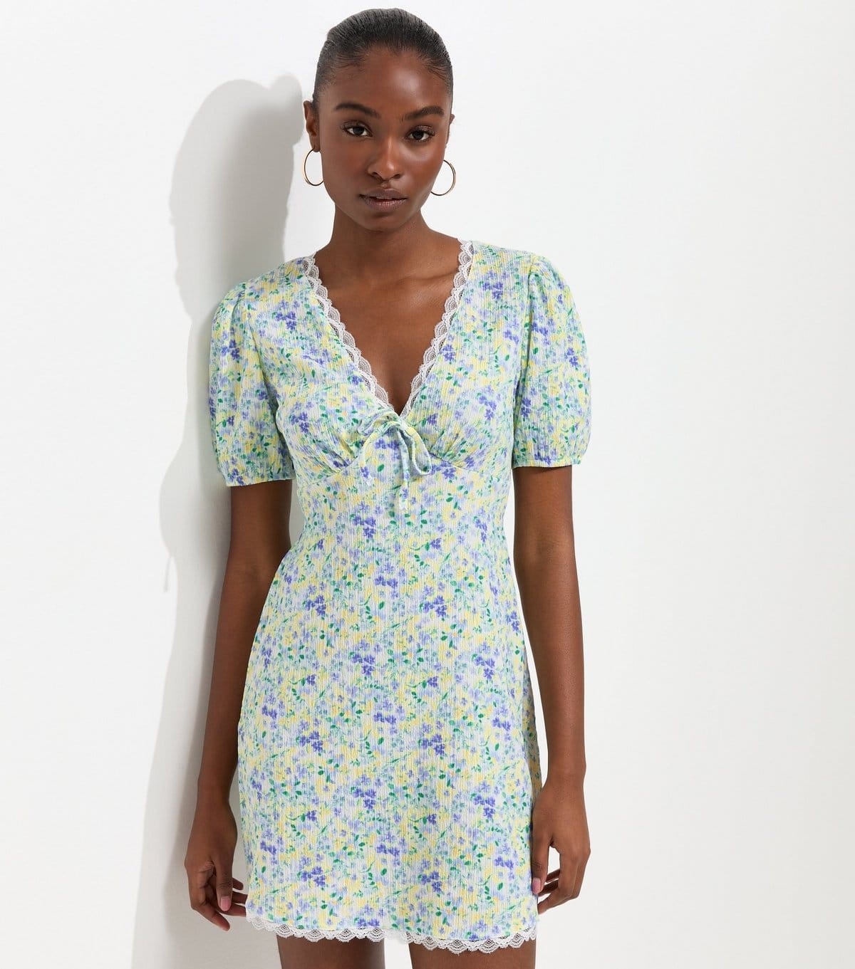 New Look Blue Floral V-Neck Lace Trim Mini Dress